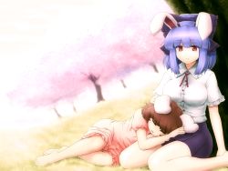 Rule 34 | 2girls, alternate hairstyle, animal ears, bare legs, barefoot, bow, breasts, brown hair, rabbit ears, carrot, cherry blossoms, dress, closed eyes, hair bow, highres, inaba tewi, lap pillow, large breasts, long hair, lying, lying on lap, multiple girls, on ground, on side, pink dress, ponytail, puffy short sleeves, puffy sleeves, purple hair, red eyes, reisen udongein inaba, shirosato, shirt, short hair, short sleeves, sitting, skirt, sleeping, touhou, tree, wariza