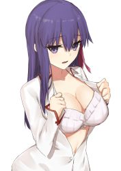 Rule 34 | 1girl, blush, bra, breasts, cleavage, collarbone, collared shirt, dress shirt, elfenlied22, fate/stay night, fate (series), hair ribbon, highres, large breasts, long hair, long sleeves, looking at viewer, matou sakura, open clothes, open mouth, open shirt, purple eyes, purple hair, ribbon, shirt, simple background, underwear, white background, white bra, white shirt