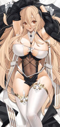 Rule 34 | 1girl, azur lane, between breasts, blonde hair, breast cutout, breasts, brown eyes, cleavage, curvy, dakimakura (medium), highres, horns, huge breasts, implacable (azur lane), large breasts, long bangs, long hair, nun, revealing clothes, solo, thighhighs, tony guisado, two-tone dress, veil, very long hair, white horns, white thighhighs, wide hips