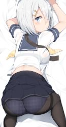 Rule 34 | 10s, 1girl, all fours, arms up, ass, black pantyhose, blue eyes, blue skirt, blush, bra, breasts, cole (coleltu), expressionless, hair ornament, hair over one eye, hairclip, hamakaze (kancolle), kantai collection, looking back, medium breasts, on bed, panties, panties under pantyhose, pantyhose, polka dot, polka dot panties, school uniform, see-through, serafuku, short hair, silver hair, skirt, solo, underwear