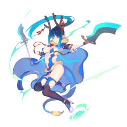 Rule 34 | 1girl, anklet, antlers, aqua eyes, aqua hair, blue hair, bridal legwear, cape, center opening, character request, enkyo yuuichirou, floating hair, full body, high heels, high ponytail, highres, holding, holding weapon, horns, jewelry, long hair, navel, official art, pointy ears, sidelocks, simple background, solo, tail, thighhighs, toeless legwear, toes, weapon, white background, youkai hyakki-tan!