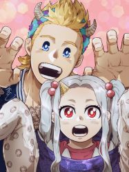 Rule 34 | 1boy, 1girl, age difference, arms up, blonde hair, blue eyes, boku no hero academia, boo (monsters inc.), child, claw pose, close-up, eri (boku no hero academia), fake horns, grey hair, halloween costume, headband, highres, horns, james p. sullivan, long hair, looking at viewer, mahoubin (totemo hot dayo), medium hair, monster, monsters inc., open mouth, patterned background, quiff, red eyes, signature, straight-on, teeth, togata mirio, twintails