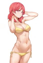 Rule 34 | 1girl, arms up, bare arms, bare shoulders, bikini, blush, breasts, cleavage, collarbone, cowboy shot, eyebrows, free style (yohan1754), groin, hands in hair, highres, love live!, medium breasts, navel, nishikino maki, red hair, ribbon, short hair, side-tie bikini bottom, simple background, solo, standing, stomach, swimsuit, white background, yellow bikini, yellow ribbon