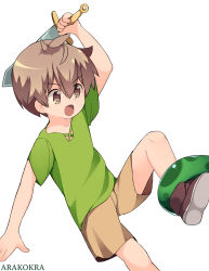 Rule 34 | 1boy, arakokra, bare legs, brown eyes, brown shorts, commentary, fantasy, green shirt, highres, holding, holding weapon, male focus, original, shirt, shorts, simple background, solo, tentacles, weapon, white background