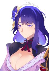 blush breasts center_opening cleavage flower genshin_impact hair_flower hair_ornament highres large_breasts long_hair looking_at_viewer purple_eyes purple_flower purple_hair raiden_shogun ribbon signature solo yoshinxo