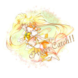 Rule 34 | &gt; &lt;, 10s, 1girl, blonde hair, boots, bow, brooch, closed eyes, copyright name, cure sunshine, hair ornament, heart, heart brooch, heartcatch precure!, jewelry, knee boots, long hair, magical girl, midriff, myoudouin itsuki, navel, one eye closed, orange eyes, orange skirt, potpourri (heartcatch precure!), precure, shirakawa (whitemist), skirt, text focus, twintails, very long hair, wink, yellow background, yellow bow, yellow theme