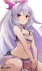 Rule 34 | 1girl, bare arms, bare shoulders, bikini, character request, commentary, dated, english commentary, feet out of frame, frilled bikini, frills, granblue fantasy, hair ribbon, long hair, medusa (shingeki no bahamut), navel, pink ribbon, ponytail, punished pigeon, purple eyes, ribbon, signature, simple background, sitting, solo, swimsuit, very long hair, wariza, white background, white bikini