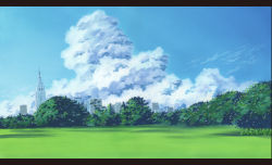 Rule 34 | absurdres, blue sky, building, cloud, cloudy sky, cumulonimbus cloud, day, field, forest, highres, letterboxed, nature, no humans, original, outdoors, sawitou mizuki, scenery, sky, skyscraper, summer, traditional media