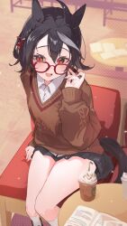 Rule 34 | 1girl, absurdres, adjusting eyewear, ahoge, alternate costume, alternate hairstyle, animal ears, bespectacled, black hair, black skirt, blurry, blurry background, blush, book, brown cardigan, cardigan, chair, collared shirt, cup, disposable cup, double-parted bangs, female focus, fingernails, glasses, hair between eyes, highres, horse ears, horse girl, horse tail, indoors, kitasan black (umamusume), long sleeves, looking at viewer, miniskirt, multicolored hair, open book, open mouth, puffy long sleeves, puffy sleeves, red-framed eyewear, red eyes, round table, shirt, short hair, sitting, sitting on object, skirt, smile, solo, streaked hair, table, tail, thighs, umamusume, white hair, white shirt, yakousei a