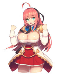 Rule 34 | 1girl, ahoge, areola slip, armor, black hairband, black necktie, breasts, cleavage, cleavage cutout, clenched hands, clothing cutout, cropped legs, dress, dungeon and fighter, green eyes, hairband, hands up, highres, knight (dungeon and fighter), large breasts, long hair, long sleeves, looking at viewer, necktie, open mouth, pepper0, red hair, round teeth, shiny skin, shoulder armor, simple background, sleeve cuffs, smile, solo, standing, straight hair, tassel, teeth, upper teeth only, white background