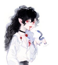 Rule 34 | 1girl, black choker, black hair, blood, blood on clothes, blood on face, blood on mouth, blue nails, choker, collared shirt, earrings, highres, jewelry, long hair, looking at viewer, original, parted lips, pointy ears, red eyes, sgsg612, shirt, snake, solo, upper body, white shirt