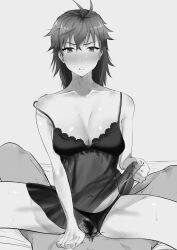 1boy 1girl absurdres antenna_hair babydoll blush breasts cleavage clothing_aside collarbone commentary_request etou_minato female_pubic_hair greyscale grin hair_between_eyes hair_down hetero highres large_breasts looking_at_viewer medium_hair monochrome navel panties panties_aside pov pov_crotch pubic_hair see-through_clothes sex sitting smile spaghetti_strap spread_legs sweat toji_no_miko underwear v-shaped_eyebrows vaginal yamamoto_kichiko