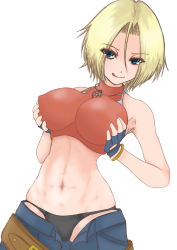 Rule 34 | abs, absurdres, belt, blonde hair, blue eyes, blue mary, bracelet, breasts, fatal fury, ff14 himechan, gloves, grabbing own breast, highres, jewelry, large breasts, licking lips, crop top, necklace, pants, shirt, snk, the king of fighters, thong, tongue, tongue out, unbuttoned pants