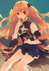 Rule 34 | 1girl, bare shoulders, black shirt, black skirt, blonde hair, blue sky, book, chain-link fence, chocolate, cleavage cutout, clothing cutout, detached sleeves, eating, fence, flat chest, floating hair, food, hair ribbon, holding, holding book, konjiki no yami, legs, long hair, looking at viewer, miniskirt, open book, orange hair, outdoors, pleated skirt, red eyes, ribbon, shirt, sitting, skirt, sky, sleeveless, sleeveless shirt, solo, to love-ru, very long hair, zeko