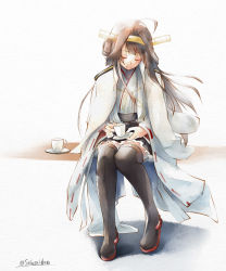 Rule 34 | 10s, 1girl, ahoge, black footwear, black thighhighs, boots, borrowed clothes, brown hair, cup, double bun, closed eyes, full body, hair bun, hairband, headgear, hinoru saikusa, jacket, jacket on shoulders, japanese clothes, kantai collection, kongou (kancolle), long hair, nontraditional miko, open mouth, painting (medium), ribbon-trimmed sleeves, ribbon trim, sitting, skirt, solo, teacup, thigh boots, thighhighs, traditional media, watercolor (medium), zettai ryouiki