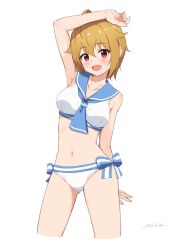 Rule 34 | 1girl, arm up, armpits, blonde hair, blue sailor collar, blush, breasts, collarbone, commentary request, cropped legs, dated, highres, ibuki tsubasa, idolmaster, idolmaster million live!, looking at viewer, medium breasts, miso (misomiso 154), navel, red eyes, sailor bikini, sailor collar, sailor swimsuit (idolmaster), short hair, simple background, smile, solo, stomach, white background
