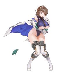 Rule 34 | 1girl, areola slip, boots, breasts, brown eyes, brown hair, coat, full body, game cg, highres, huge breasts, knees together feet apart, last origin, leotard, multicolored coat, official art, one eye closed, open mouth, sangobob, short hair, silky (last origin), solo, tachi-e, thigh boots, thighhighs, transparent background, white thighhighs