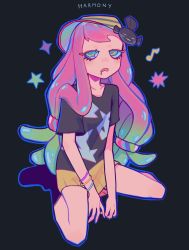 Rule 34 | baseball cap, between legs, black shirt, blue outline, blush, bracelet, character name, clownfish, collarbone, drooling, english text, fish, flat chest, full body, gradient hair, green eyes, green hair, half-closed eyes, hand between legs, harmony&#039;s clownfish (splatoon), harmony (splatoon), hat, highres, jewelry, legs, long hair, looking to the side, miniskirt, molu (sodasnaps), mouth drool, multicolored hair, musical note, nintendo, open mouth, outline, own hands together, pink hair, pleated skirt, shirt, short sleeves, sidelocks, sitting, skirt, splatoon (series), splatoon 3, star (symbol), striped clothes, striped headwear, tentacle hair, tentacles, thighs, tropical fish, twintails, two-tone hair, very long hair, wariza, yellow headwear, yellow skirt