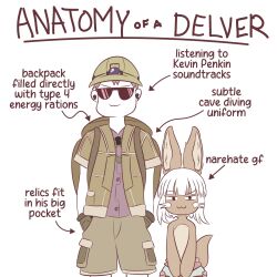 Rule 34 | 1boy, 1girl, :3, anatomy of a gamer (meme), animal ears, black eyes, brown hat, brown shirt, brown shorts, closed mouth, cowboy shot, earbuds, earphones, english text, furry, furry female, genderswap, genderswap (otf), hat, helmet, highres, looking at viewer, made in abyss, meme, nanachi (made in abyss), pith helmet, rabbit ears, rabbit girl, shirt, short hair, shorts, simple background, smile, smug, smugbuns, sunglasses, v-shaped eyebrows, whiskers, white background, white hair