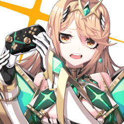 Rule 34 | 1girl, absurdres, bad id, bad pixiv id, bare shoulders, blonde hair, breasts, chest jewel, cleavage, cleavage cutout, clothing cutout, controller, currystar, earrings, game controller, highres, jewelry, large breasts, mythra (xenoblade), nintendo, nintendo switch, nintendo switch pro controller, swept bangs, tiara, xenoblade chronicles (series), xenoblade chronicles 2, yellow eyes