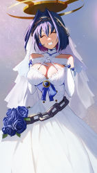 Rule 34 | 1girl, blue flower, blue hair, blue rose, breasts, bridal veil, chain, cleavage, closed eyes, discoshoujo, dress, elbow gloves, flower, gloves, hair intakes, halo, headband, highres, hololive, hololive english, jewelry, large breasts, mechanical halo, ornate ring, ouro kronii, ring, rose, short hair, smile, solo, veil, virtual youtuber, wedding dress, white dress, white gloves