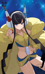 Rule 34 | 1girl, absurdres, bike shorts, black hair, blue background, blue eyes, blunt bangs, blush, buckle, closed mouth, commentary request, creatures (company), crop top, elesa (pokemon), fur jacket, game freak, hand on own hip, headphones, highres, holding, holding poke ball, jacket, long sleeves, maizumi, multicolored hair, nintendo, poke ball, poke ball (basic), pokemon, pokemon bw2, short hair with long locks, sidelocks, solo, streaked hair, yellow jacket