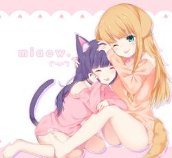 Rule 34 | 2girls, :p, ;p, ^ ^, animal ears, bad id, bad pixiv id, bare shoulders, barefoot, blonde hair, cat ears, cat tail, closed eyes, dog ears, dog tail, closed eyes, green eyes, hand on another&#039;s head, long hair, multiple girls, one eye closed, original, purple hair, rinya (hikkygatari), sweater, tail, tongue, tongue out