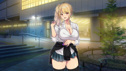 Rule 34 | 1girl, blonde hair, blush, breasts, cleavage, clothes around waist, ecchi na gal ni sasowarete, feet out of frame, female focus, gyaru, hand up, hayashi cherry, highres, large breasts, legs, long hair, looking at viewer, nail polish, night, open mouth, original, outdoors, red eyes, school uniform, side ponytail, skirt, sleeves rolled up, smile, solo, standing, thighhighs, thighs, train station, tree, zettai ryouiki