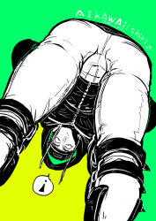 Rule 34 | !, 1boy, aikawa (dorohedoro), ass, backwards hat, bara, black hair, black hoodie, bulge, character name, climaxmukr, dorohedoro, feet out of frame, green theme, hat, hood, hoodie, leaning forward, looking at viewer, male focus, multiple monochrome, muscular, pectorals, short hair, sketch, solo, spoken exclamation mark, string, thick thighs, thighs