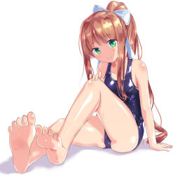 Rule 34 | 1girl, aged down, arm support, bare legs, bare shoulders, barefoot, blue one-piece swimsuit, blush, bow, breasts, brown hair, closed mouth, doki doki literature club, feet, foot focus, green eyes, hair between eyes, hair bow, hand on own knee, head tilt, high ponytail, highres, long hair, monika (doki doki literature club), naka (cheeseyeast), one-piece swimsuit, photoshop (medium), ponytail, school swimsuit, small breasts, smile, soles, solo, swimsuit, toenails, toes, very long hair, wet, white background, white bow