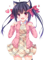 Rule 34 | 1girl, :d, absurdres, ahoge, animal ears, black hair, blue thighhighs, blunt bangs, blush, bow, cardigan, cat ears, cowboy shot, dress, fang, floating hair, hair between eyes, hair bow, heart, highres, long hair, open mouth, original, paw pose, pink cardigan, pleated dress, red bow, red eyes, short dress, simple background, smile, solo, standing, takuma ss, thighhighs, twintails, white background, yellow dress