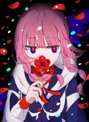 Rule 34 | 1girl, absurdres, black background, blunt bangs, braid, covering own mouth, falling petals, flower, has artifacted revision, has bad revision, highres, holding, holding flower, hood, hood down, hooded jacket, jacket, kaf (kamitsubaki studio), kamitsubaki studio, long hair, long sleeves, looking to the side, multicolored eyes, nemo 81612100, paint splatter, petals, pink hair, pink nails, ribbon, solo, twin braids, upper body, virtual youtuber, yellow pupils