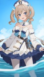 Rule 34 | 1girl, absurdres, barbara (genshin impact), bare shoulders, blonde hair, blue eyes, blue sky, book, bow, bowtie, breasts, cleavage, cross, dress, drill hair, frilled dress, frills, genshin impact, hair ornament, highres, kiryuu haru (445), latin cross, long sleeves, medium breasts, ocean, open mouth, pantyhose, partially submerged, sky, smile, solo, standing, twin drills, twintails, water, white dress, white headwear, white pantyhose