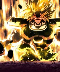 Rule 34 | 1boy, absurdres, angry, armor, aura, biceps, blonde hair, broly (dragon ball super), cape, clenched teeth, collarbone, commentary request, debris, dragon ball, dragon ball super, dragon ball super broly, energy, facial scar, fur cape, glowing, glowing eyes, green cape, highres, looking at viewer, male focus, muscular, muscular male, pectorals, saiyan armor, scar, scar on cheek, scar on chest, scar on face, sekitsuki hayato, solo, spiked hair, standing, super saiyan, teeth, upper body, v-shaped eyebrows, waist cape
