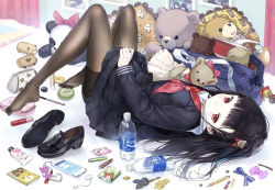 Rule 34 | 1girl, bag, bear hair ornament, bed sheet, bell, black footwear, black hair, black pantyhose, black serafuku, black shirt, black skirt, bottle, bow, brown pantyhose, cellphone, cellphone charm, charm (object), closed mouth, commentary request, curtains, hair ornament, highres, jingle bell, loafers, long hair, long sleeves, looking at viewer, lying, macciatto (aciel02), neckerchief, no shoes, hugging object, on back, original, pantyhose, phone, pillow, pink bow, red eyes, red neckerchief, sailor collar, school bag, school uniform, serafuku, shirt, shoes, unworn shoes, skirt, solo, stuffed animal, stuffed panda, stuffed toy, teddy bear, thighband pantyhose, transparent, water bottle, white sailor collar