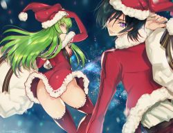 Rule 34 | &gt;:), 1boy, 1girl, 2016, alternate costume, arm up, artist name, ass, belt, black bow, black hair, bow, breasts, c.c., carrying, christmas, city lights, code geass, creayus, dated, dress, elbow gloves, fingernails, from behind, fur collar, fur trim, gloves, green hair, hat, holding, holding clothes, holding hat, jacket, lelouch vi britannia, long hair, long sleeves, looking back, motion blur, over shoulder, parted lips, purple eyes, red dress, red gloves, red hat, red jacket, red thighhighs, sack, santa costume, shiny skin, shirt, signature, small breasts, smile, snowing, thighhighs, thighs, tsurime, v-shaped eyebrows, white shirt, yellow eyes