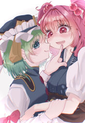 Rule 34 | 2girls, blue eyes, closed mouth, eik s2, epaulettes, frilled hat, frills, green hair, hair bobbles, hair ornament, hat, highres, juliet sleeves, long sleeves, looking at viewer, multiple girls, onozuka komachi, open mouth, puffy sleeves, red eyes, red hair, shiki eiki, short hair, short sleeves, simple background, touhou, two side up, upper body, white background