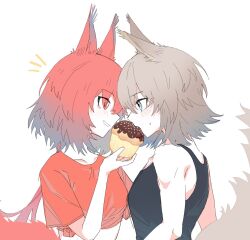 Rule 34 | 2girls, animal ears, arknights, ashlock (arknights), black tank top, blush, cropped shirt, cupcake, eye contact, feeding, flametail (arknights), food, grey hair, highres, holding, holding food, long hair, looking at another, multiple girls, musical note, orange shirt, red eyes, red hair, shirt, short hair, short sleeves, simple background, sleeveless, sleeveless shirt, smile, squirrel ears, squirrel girl, squirrel tail, sweatdrop, tail, tank top, toto (t0t00629), white background, yuri