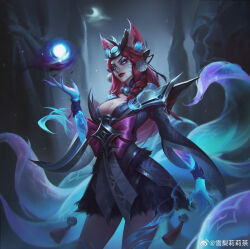 Rule 34 | 1girl, absurdres, ahri (league of legends), animal ears, artist name, blue eyes, breasts, cleavage, closed mouth, cloud, cloudy sky, cowboy shot, energy ball, eyeshadow, facial mark, fingernails, fox ears, fox girl, fox tail, glowing, glowing eyes, glowing hands, hair ornament, highres, large breasts, league of legends, looking at viewer, makeup, moon, multiple tails, night, night sky, official alternate costume, official alternate hairstyle, outdoors, parted bangs, red hair, sharp fingernails, sky, smile, snow moon ahri, solo, sydney lily, tail, whisker markings
