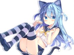 Rule 34 | 1girl, :o, animal ears, black footwear, blue eyes, blue hair, blue nails, blue sailor collar, blue skirt, blush, cameltoe, cat ears, cat girl, cat hair ornament, cat tail, collarbone, commentary request, dress shirt, fingernails, hair between eyes, hair ornament, hands up, legs up, long hair, lying, mary janes, midriff, nail polish, navel, neckerchief, on back, one eye closed, original, panties, parted lips, pleated skirt, saeki sora, sailor collar, shirt, shoe soles, shoes, simple background, skirt, sleeveless, sleeveless shirt, solo, striped clothes, striped thighhighs, tail, thighhighs, two side up, underwear, very long hair, white panties, white shirt, yellow neckerchief, zoom layer