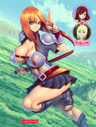 Rule 34 | 1girl, artist name, asymmetrical bangs, belt, belt buckle, blonde hair, blunt bangs, bob cut, boots, breasts, brown belt, buckle, cleavage, cloud, curvy, day, erza scarlet, facing viewer, fairy tail, feet out of frame, fusion, high heels, large breasts, looking at viewer, miniskirt, naruto, naruto (series), no bra, orange hair, outdoors, pleated skirt, samui (naruto), skirt, sky, solo, supersatanson, tagme, toeless footwear, weapon