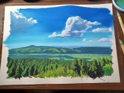 Rule 34 | art tools in frame, blue sky, cloud, cloudy sky, forest, highres, horizon, mountain, mountainous horizon, nature, no humans, original, painting (medium), photo (medium), pine tree, scenery, sky, tetsugbl14, traditional media, tree, unfinished
