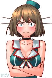 Rule 34 | 1girl, black choker, blue eyes, blue hat, blush, breasts, brown hair, choker, cleavage, commentary request, constricted pupils, dated, hair ornament, hat, headgear, izumikuma, kantai collection, looking at viewer, maya (kancolle), maya kai ni (kancolle), medium breasts, raised eyebrow, short hair, simple background, sleeveless, solo, twitter username, upper body, white background, x hair ornament