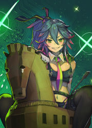 Rule 34 | 1girl, black pantyhose, black tank top, blue hair, circuit board, commentary request, commission, crop top, detached collar, gloves, green eyes, green necktie, hide (hideout), highres, holding, holding riding crop, long hair, looking at viewer, multicolored hair, navel, necktie, original, pantyhose, pink hair, pink necktie, ponytail, riding crop, sitting, skeb commission, smile, solo, streaked hair, tank top, tears, teeth, thigh strap, two-tone necktie, white gloves, wooden horse