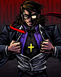 Rule 34 | 1boy, bad id, bad pixiv id, bespectacled, brown eyes, brown hair, cheekbones, cross, cross necklace, fate/stay night, fate/tiger colosseum, fate (series), formal, glasses, high contrast, jewelry, kotomine kirei, male focus, mentos (snatch), necklace, necktie, open clothes, open shirt, parody, shirt, smile, solo, suit, undressing