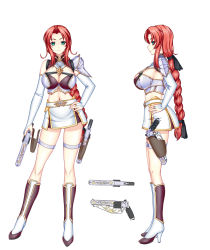 Rule 34 | 1girl, armor, bare shoulders, boots, bra, breasts, character profile, cleavage, from side, gauntlets, green eyes, gun, hand on own hip, handgun, high heels, highres, holster, jewelry, knee boots, large breasts, long hair, midriff, miniskirt, multiple views, navel, original, profile, red hair, revolver, ribbon, ryuuzouji usagi, shoes, sideboob, simple background, skirt, thigh holster, underwear, very long hair, weapon, white background