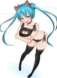 Rule 34 | 1girl, animal ears, aqua eyes, aqua hair, baretto (karasi07), bell, black thighhighs, blush, breasts, cat cutout, cat ears, cat lingerie, cleavage cutout, clothing cutout, collar, crossed arms, full body, hatsune miku, highres, jingle bell, large breasts, long hair, looking at viewer, meme attire, neck bell, open mouth, panties, side-tie panties, simple background, solo, sweat, thighhighs, twintails, underwear, vocaloid, white background