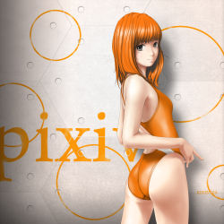 Rule 34 | 1girl, ass, black eyes, competition swimsuit, flat chest, food, fruit, highres, kirin404, looking back, md5 mismatch, one-piece swimsuit, orange (fruit), orange hair, orange one-piece swimsuit, orange theme, original, resolution mismatch, short hair, solo, source larger, swimsuit