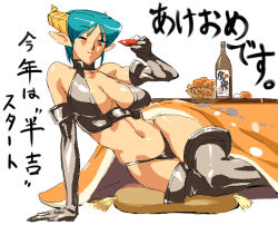Rule 34 | 00s, 1girl, akeome, alcohol, aqua hair, arm support, bottle, breasts, carrera, cleavage, cleavage cutout, clothing cutout, cup, demon girl, demon horns, elbow gloves, food, fruit, gloves, green hair, halterneck, happy new year, horns, kotatsu, large breasts, mandarin orange, navel, new year, o/p.com, oekaki, one eye closed, pointy ears, red eyes, sakazuki, sake, sake bottle, simple background, sitting, solo, table, thighhighs, translation request, viper, viper gts, white background, wink