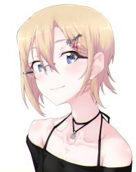 Rule 34 | 1girl, alternate costume, bare shoulders, blonde hair, blue eyes, cross, glasses, hair between eyes, hair ornament, hairpin, heart, heart hair ornament, highres, iron cross, jewelry, looking at viewer, nasubi4499, necklace, short hair, solo, strike witches, strike witches: suomus misfits squadron, ursula hartmann, world witches series